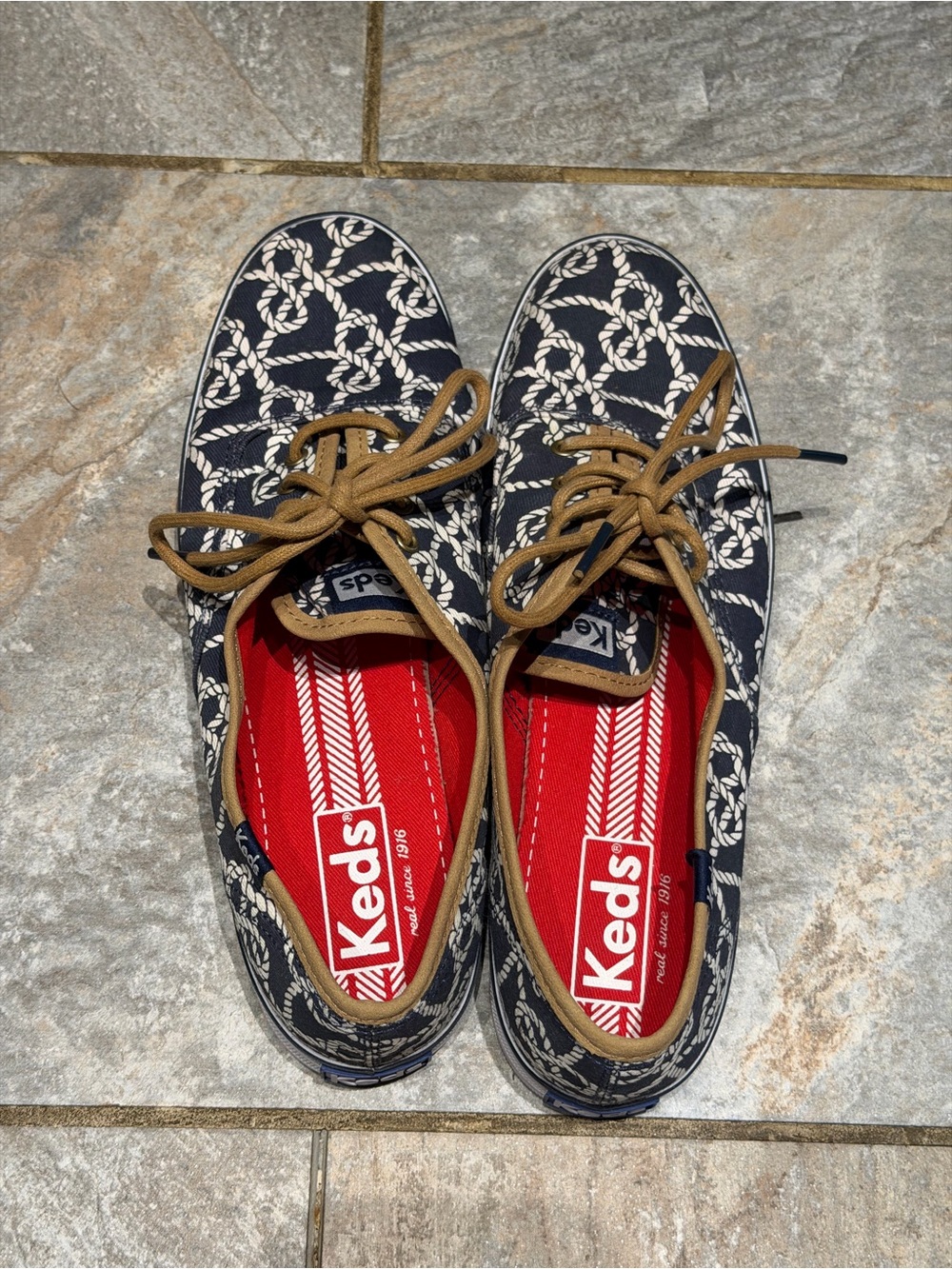 Keds Navy Rope-Print Canvas Sneakers with Tan Laces and Red Insole
